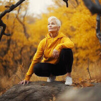 Senior Active Woman Doing Exercises Outdoor. AI generative. Autumn Yellow Forest  Landscape on Background.